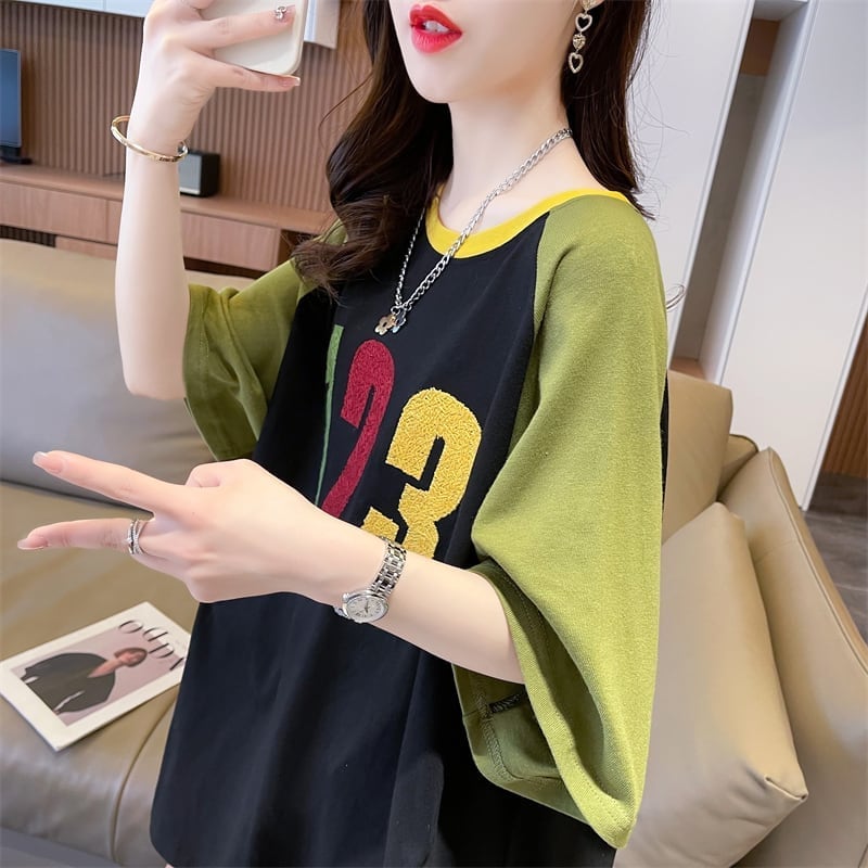 絶対欲しい カラーマッチング 数字刺? ロング Tシャツ ゆったり 半袖 ＜U-2896＞