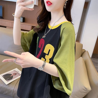 絶対欲しい カラーマッチング 数字刺? ロング Tシャツ ゆったり 半袖 ＜U-2896＞