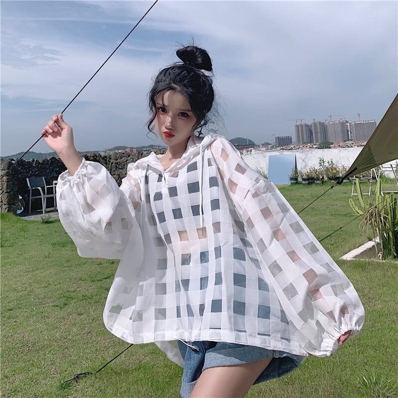 大人気 チェック柄 ゆったり 日焼け対策 UVカット 冷房対策 着?せ 長袖 フード付き シャツ ＜U-1910＞