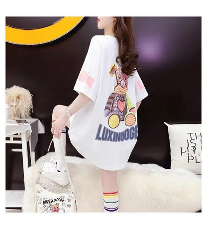 質感のいい アルファベット 熊柄 ドロップショルダー オーバーサイズ Tシャツ ＜U-2878＞