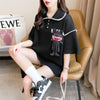 美人度アップ 折り襟 ワッフル ぬいぐるみ付き ロング Tシャツ ゆったり半袖 ＜U-2930＞
