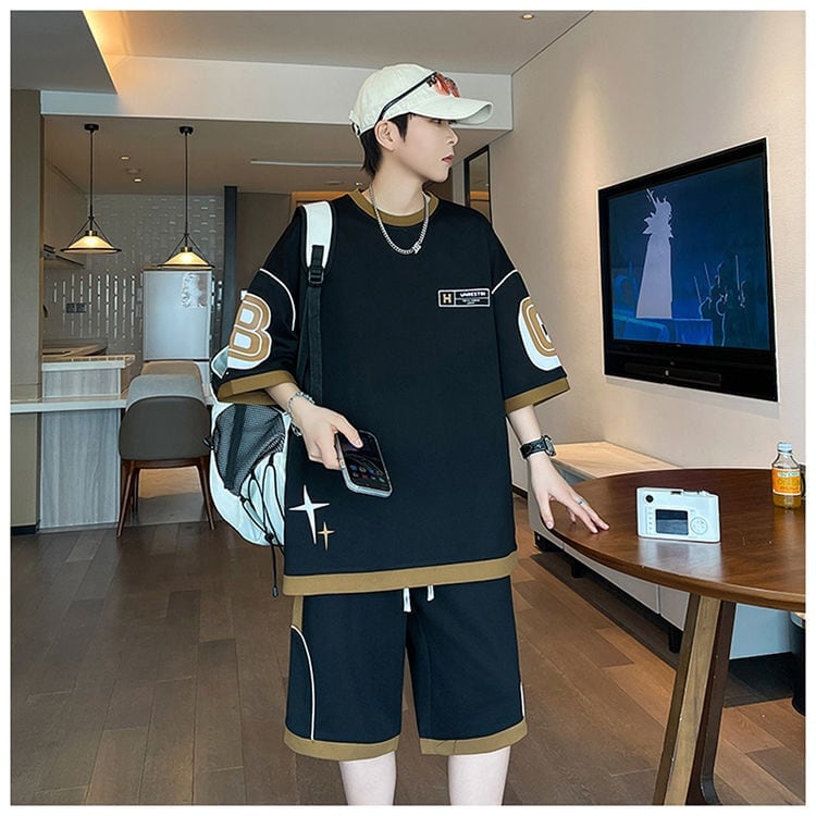 早い者勝ち カジュアル ファッション 切り替え 全3色 半袖Ｔシャツⅹパンツセット<U-8950>