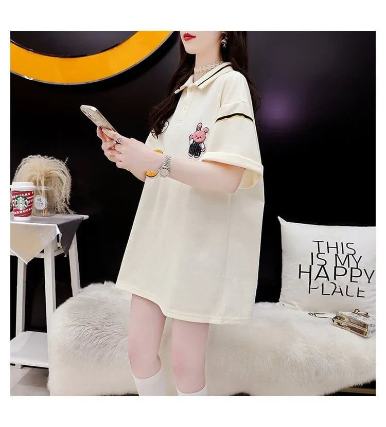 韓国系 ロング POLOネック Tシャツ 四色 ゆったり半袖 ＜U-2869＞
