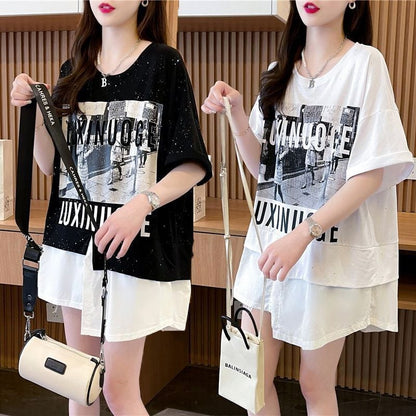 絶対流行 レイヤード風 レース プリント全2色 半袖Tシャツ<U-8821>