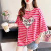 韓国風ピンクストライプゆったり立体装飾半袖Tシャツ<U-2985>