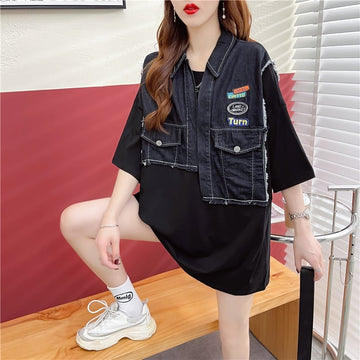 【半額！期間限定！！】新商品 レイヤード風 特別デザイン デニム 切り替え ゆったり 半袖Tシャツ＜U-8933＞