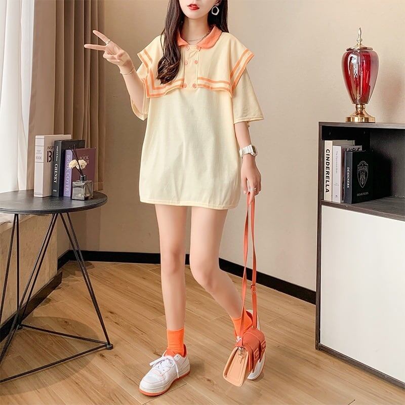 絶対欲しい ロング セーラーカラー Tシャツ 三色 ゆったりワンピース＜U-4028＞