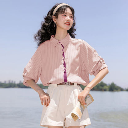 好感度UP 上質 美人度アップ 知的 ストライプ柄 3色選択 半袖シャツ＜U-9047＞
