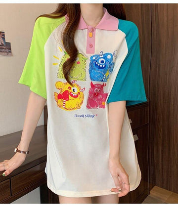 元気いっぱい カラーマッチング POLOネック プリント Tシャツ 半袖 ＜U-2979＞