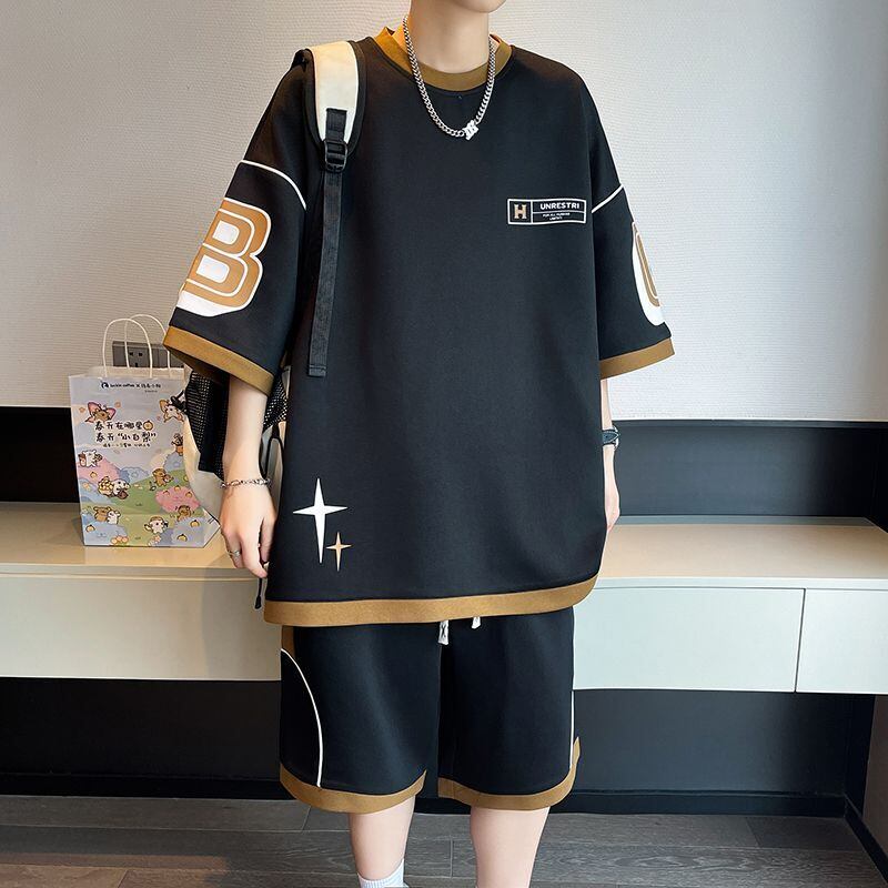 早い者勝ち カジュアル ファッション 切り替え 全3色 半袖Ｔシャツⅹパンツセット<U-8950>