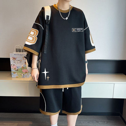 早い者勝ち カジュアル ファッション 切り替え 全3色 半袖Ｔシャツⅹパンツセット<U-8950>