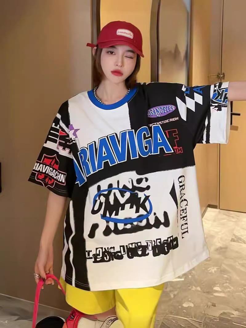 スタイルアップ効果抜群 レース アバンギャルド ダブルプリント全2色 半袖Tシャツ<U-8980>