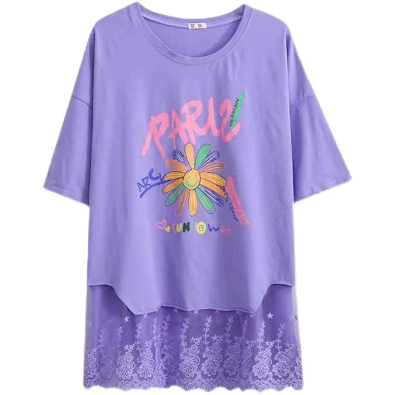 スウィート 花柄 レース アルファベット プリント ロングTシャツ ゆったり半袖＜U-2952＞