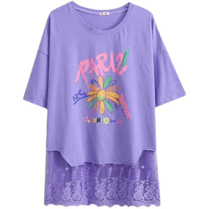 スウィート 花柄 レース アルファベット プリント ロングTシャツ ゆったり半袖＜U-2952＞
