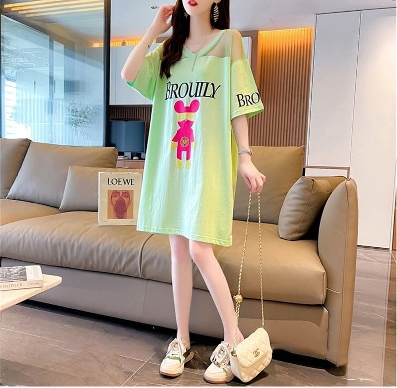 売り切れ必至 Vネック セクシー 切り替え チュール プリントTシャツ ゆったりワンピース ＜U-3050＞