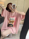 スウィート プリント 可愛いネコちゃん Tシャツ ピンク ゆったり半袖＜U-2973＞