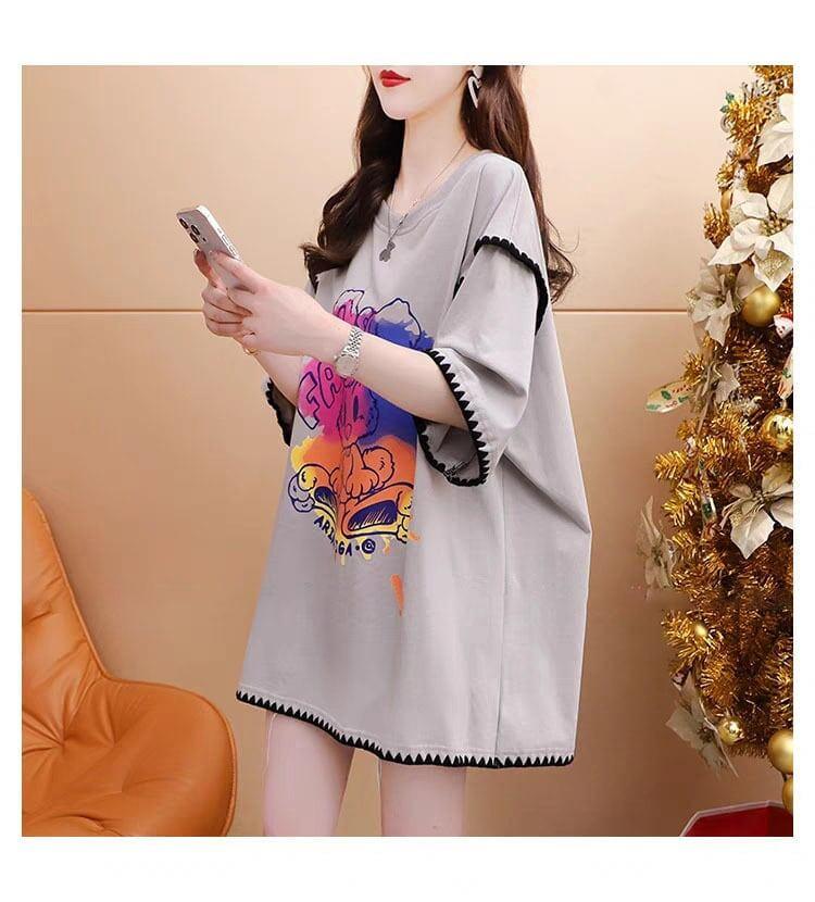 韓国系 ロング プリント Tシャツ 三色 ゆったり半袖 ＜U-2841＞