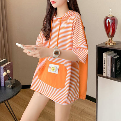 スタイルアップ効果抜群 ストライプ柄 アバンギャルド 切り替え レース プリント全2色 半袖Tシャツ<U-9111>