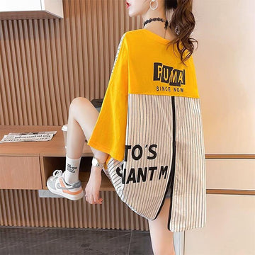 大好評 切り替え ストライプ柄 プリント ロング Tシャツ 三色 ゆったりワンピース ＜U-4012＞