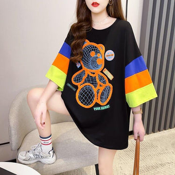超人気商品 カラーマッチング ベアー柄 切り替え プリント ロング Tシャツ ゆったりワンピース ＜U-4024＞