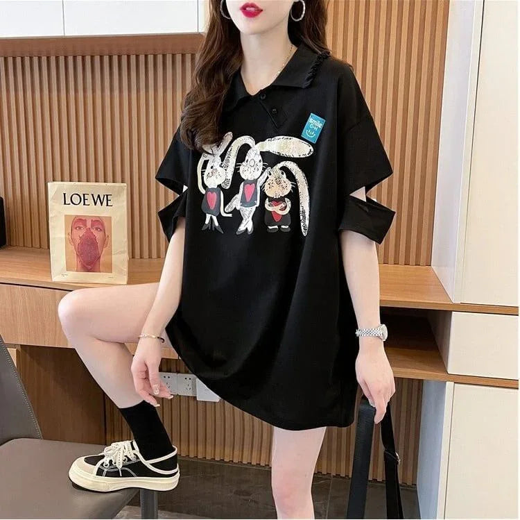 美人度アップ 折り襟 可愛いウサギちゃん プリントロング Tシャツ ゆったり半袖 ＜U-2956＞