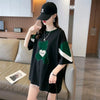カジュアルルーズワッペン刺繍ステッチカラーブロック半袖Tシャツ<U-2870>