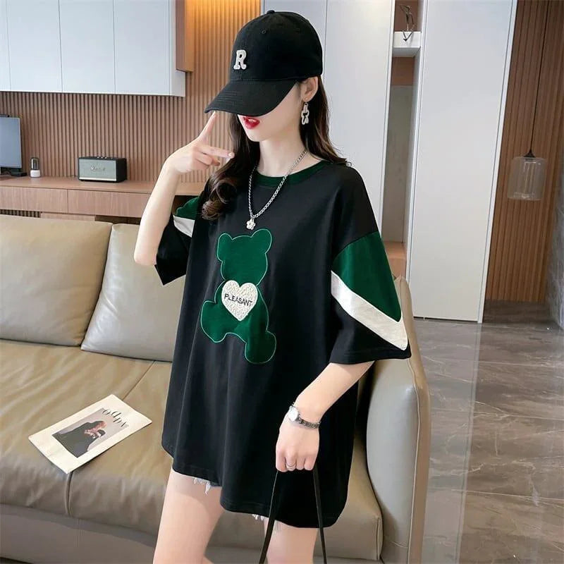 カジュアルルーズワッペン刺繍ステッチカラーブロック半袖Tシャツ<U-2870>