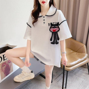 美人度アップ 折り襟 ワッフル ぬいぐるみ付き ロング Tシャツ ゆったり半袖 ＜U-2930＞