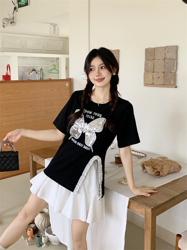 絶対欲しい キュート 超人気 ピンク プリント スパンコール 3色選択 半袖Tシャツ＜U-8570＞