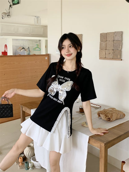 絶対欲しい キュート 超人気 ピンク プリント スパンコール 3色選択 半袖Tシャツ＜U-8570＞