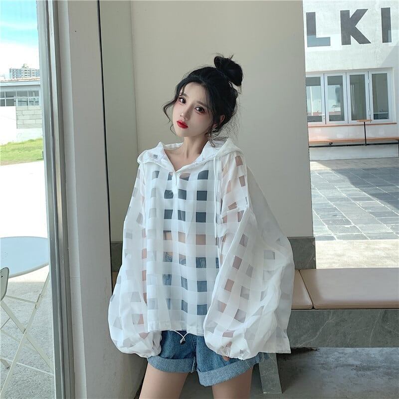 大人気 チェック柄 ゆったり 日焼け対策 UVカット 冷房対策 着?せ 長袖 フード付き シャツ ＜U-1910＞