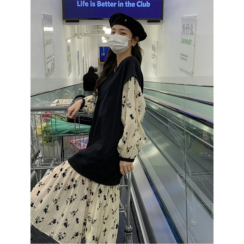 高級感 柔らかくて優しい印象 効果抜群 プリント切り替え ワンピース<U-10854>