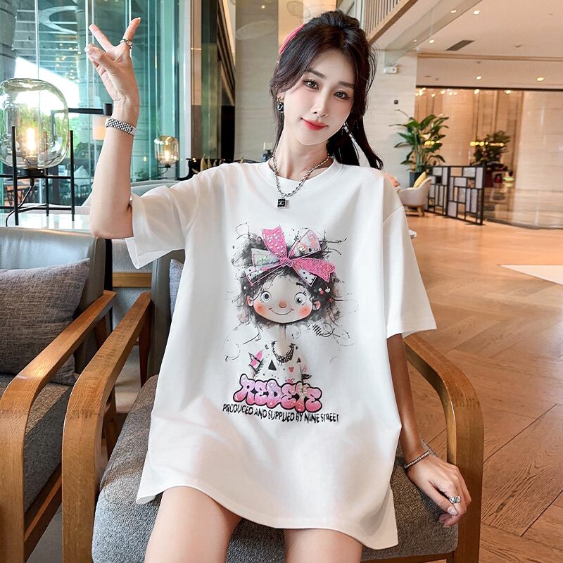 好感度UP ピンク カジュアル プリント スパンコール プリント ゆったり 半袖 Tシャツ＜U-8705＞