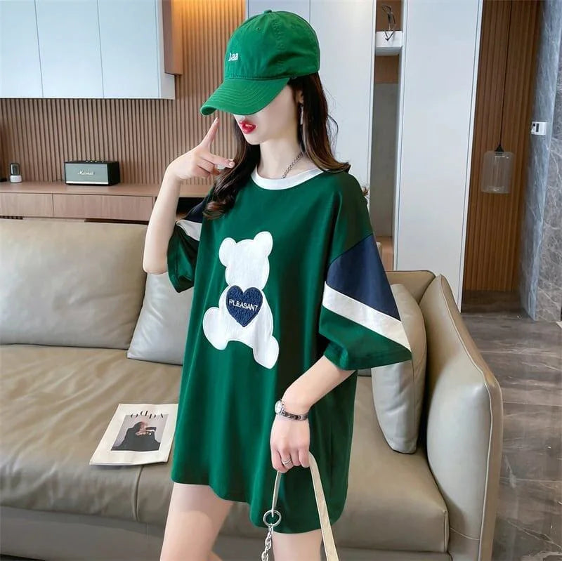 カジュアルルーズワッペン刺繍ステッチカラーブロック半袖Tシャツ<U-2870>
