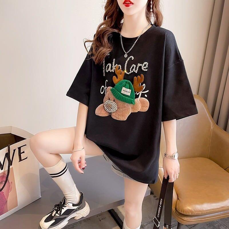 大活躍 ロング ビジューロゴ Tシャツ ゆったり 半袖 三色＜U-2922＞