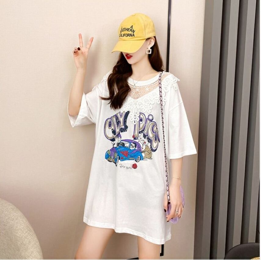 着回し力抜群 プリント カジュアル ビッグロゴ レース 切り替え 半袖Tシャツ 全3色＜U-8423＞