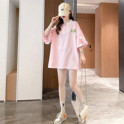 おすすめ POLOネック シンプル フリル ロング Tシャツ 三色 ゆったり半袖 ＜U-3055＞