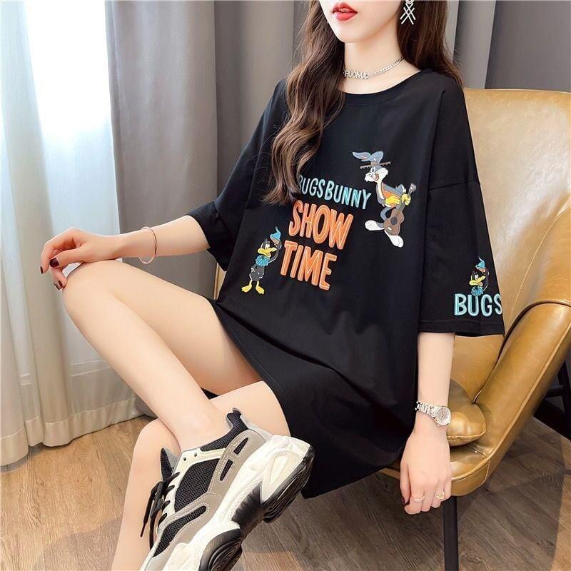 着せ プリント アルファベット ロングTシャツ 四色 ゆったりワンピース ＜U-4018＞