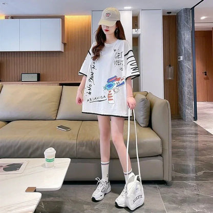 おしゃれ度アップ プリントTシャツ 落書きストレート系 ゆったり半袖＜U-2885＞