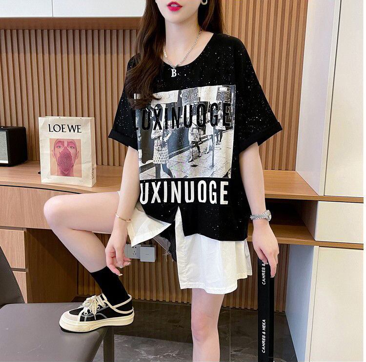 絶対流行 レイヤード風 レース プリント全2色 半袖Tシャツ<U-8821>