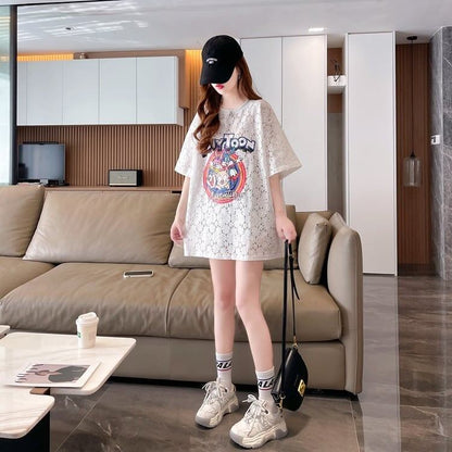 ハイエンドデザインセンスレース中空ルーズミドル丈半袖Tシャツ<U-3035>