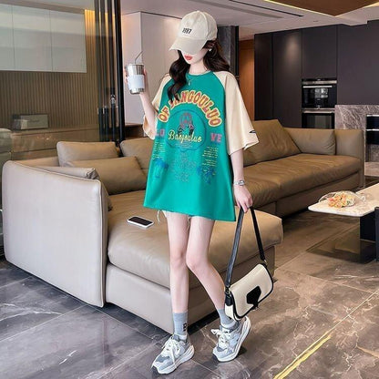 夏新作 配色 プリント ロング ラグランTシャツ 三色 ゆったりワンピース ＜U-4003＞