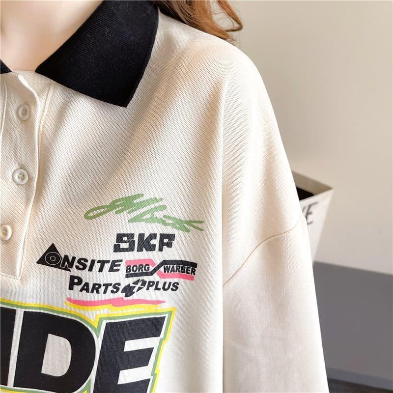 質感のいい ロング POLOネック プリントTシャツ ゆったり半袖 ＜U-2928＞