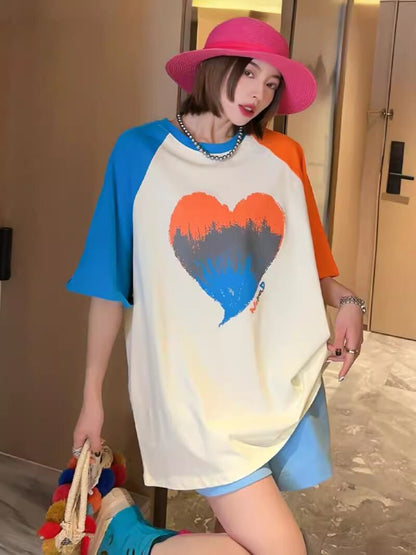 絶対欲しい プリント ロゴ カラーマッチング ゆったり 3色半袖Tシャツ＜U-8383＞