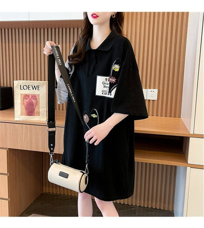 POLOネック 切り替え ストライプ柄 ロング Tシャツ ゆったりワンピース ＜U-3031＞