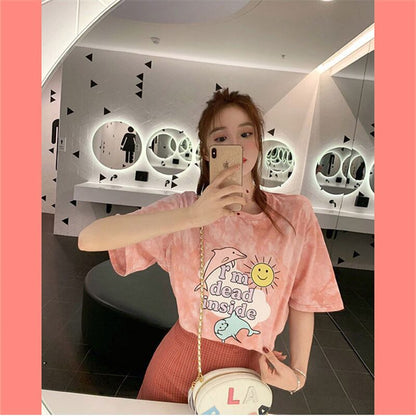 絶対欲しい キュート 話題沸騰中 絞り染め プリント 全2色 半袖Tシャツ<U-8759>