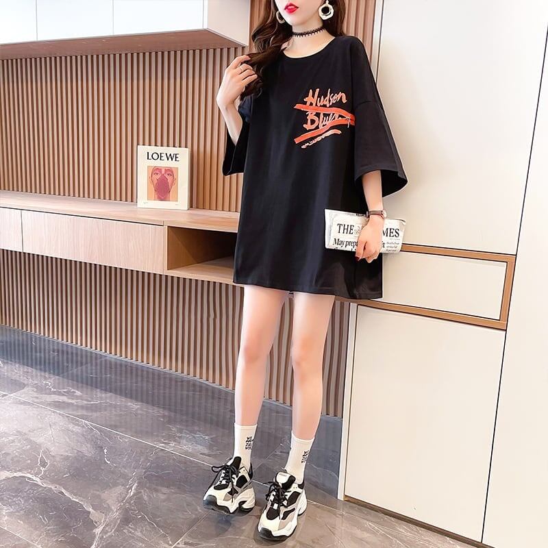【人気商品再入荷！】   デザイン個性ゆったりミドル丈半袖Tシャツ<U-3036>