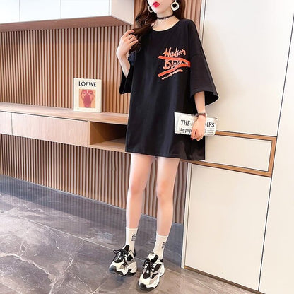 【人気商品再入荷！】   デザイン個性ゆったりミドル丈半袖Tシャツ<U-3036>