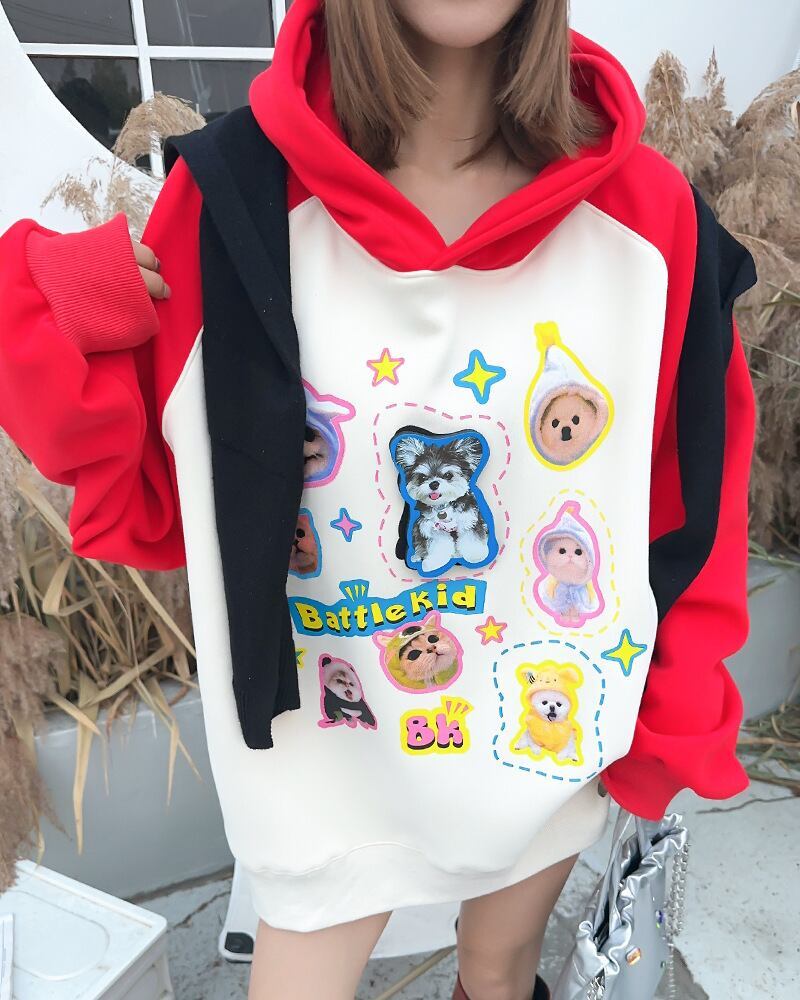 超人気商品猫柄犬柄ロゴ厚手ラグランパーカー全3色オーバーサイズトップス＜U-4473＞