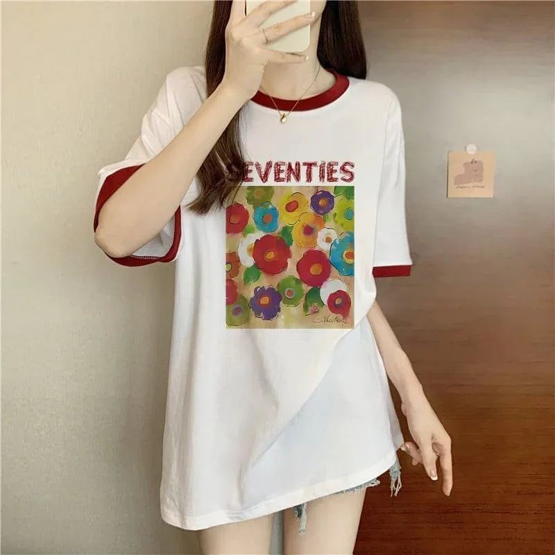 着せ 配色 プリント ロング Tシャツ 四色 ゆったり半袖 ＜U-3019＞